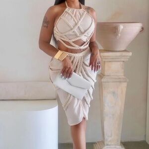 Braids Decor Halter Top Slim-Fit Midi Skirt Party 2pcs Set-Beige